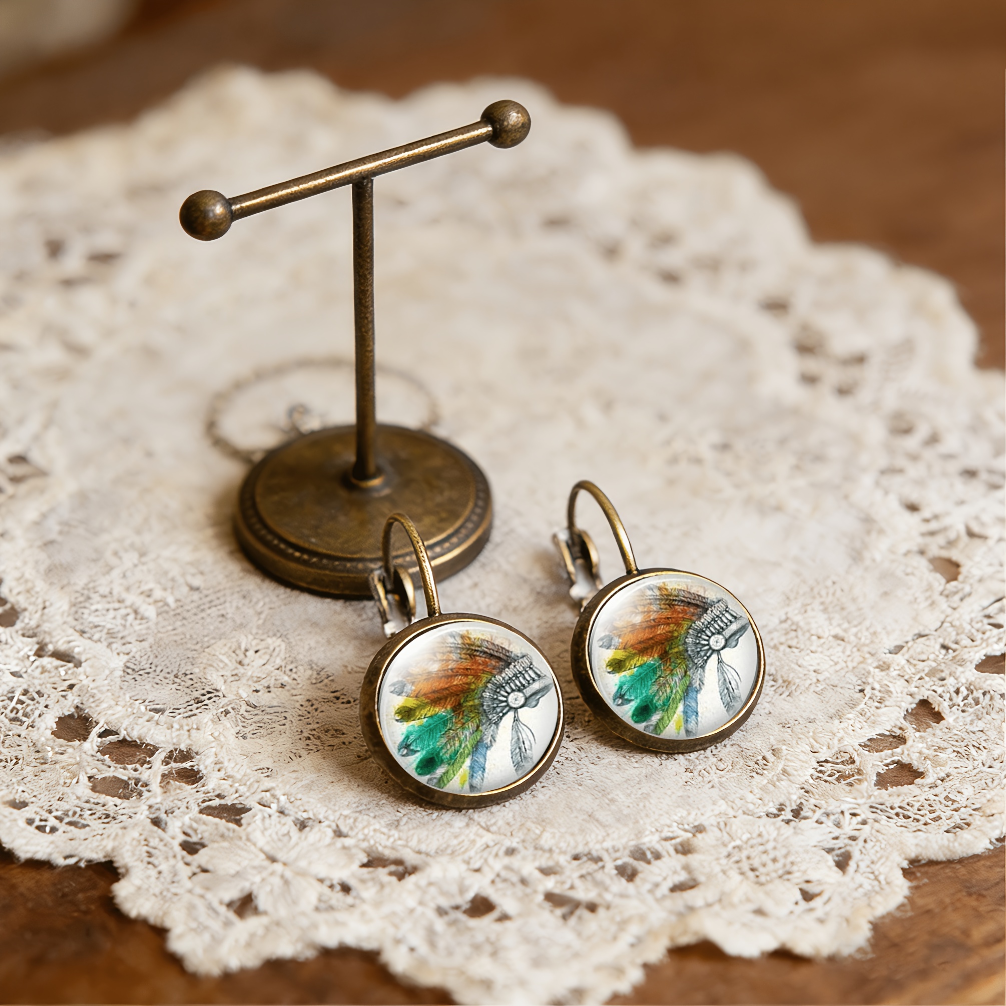 2pcs Cyan Round Classical Earrings Set with Colorful Pattern